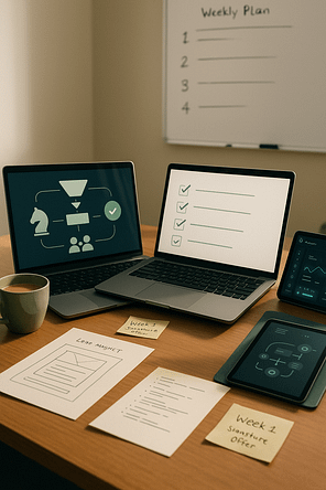 work with in 30days Workspace with two laptops, planning sheets, a tablet, and a coffee cup, showing a funnel diagram, checklist, and project notes titled ‘Week 1 – Signature Offer’.
