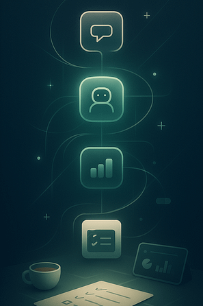 Automation and AI agent Abstract vertical illustration showing automation flow with icons for communication, chatbot, analytics, and checklists, connected by glowing lines on a dark teal background.