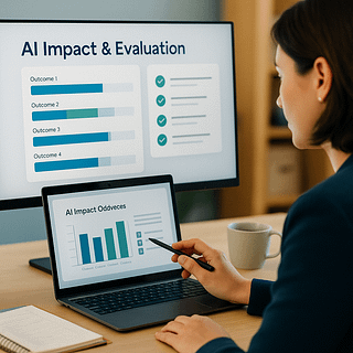AI Impact Evaluation Frameworks in Public Sector Settings A professional woman reviews a digital dashboard displaying AI impact metrics and evaluation checklists on a large screen in a civic office setting.