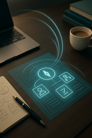 Modern workspace with a glowing digital blueprint on a desk, showing icons for strategic direction, customer targeting, planning, and automation.