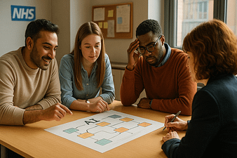 Assessing AI Readiness in Public Sector Teams Team evaluating AI maturity on a dashboard in a bright civic meeting room.