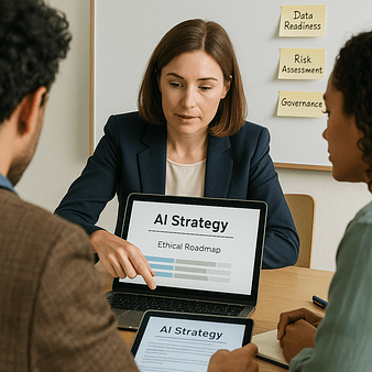 A woman in a navy blazer presents an AI strategy roadmap on a digital tablet during a planning session, with post-it notes referencing data readiness and governance in the background.