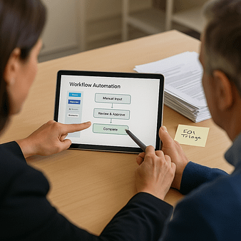 Workflow Design and Ethical Automation for Public Sector Teams Two civic professionals collaborate over a digital workflow builder on screen, replacing manual paper forms with automated processes in a calm, organised office setting.