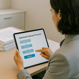 Improving Civic Workflows Without Disruption Staff member using a tablet to automate paper-based tasks in a civic workspace.