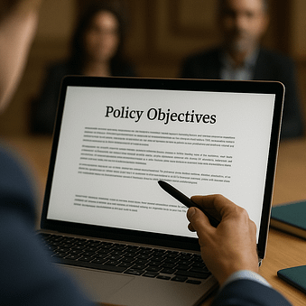 Interpreting UK & EU AI Policy for Daily Practice Close-up of a laptop displaying AI policy text, hand marking a key section.