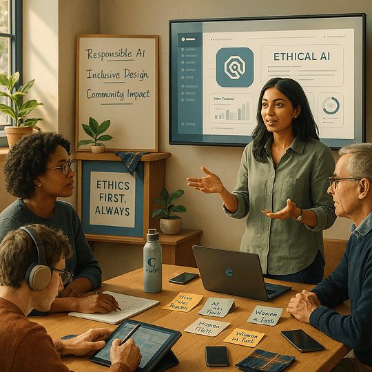 Inclusive Ethical AI Workshop by Civika AI A diverse team collaborates around a table during an “Ethical AI” workshop led by a South Asian woman. The screen displays a strategy dashboard and whiteboards highlight responsible AI principles.